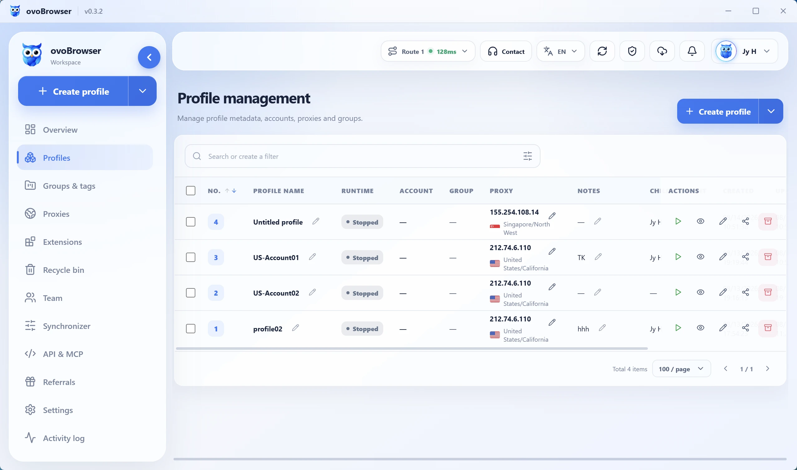 Ovobrowser English profile management interface Ovobrowser English profile management page showing account profiles, proxy regions, owners, and action controls
