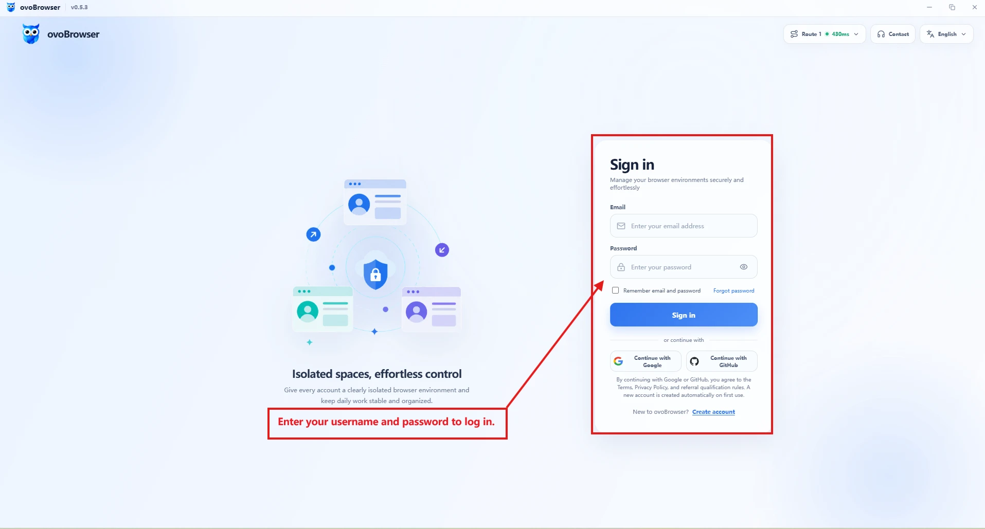 ovoBrowser登入頁面,標注帳號、密碼、記住帳號、忘記密碼、登入按鈕和協力廠商登錄入口。
