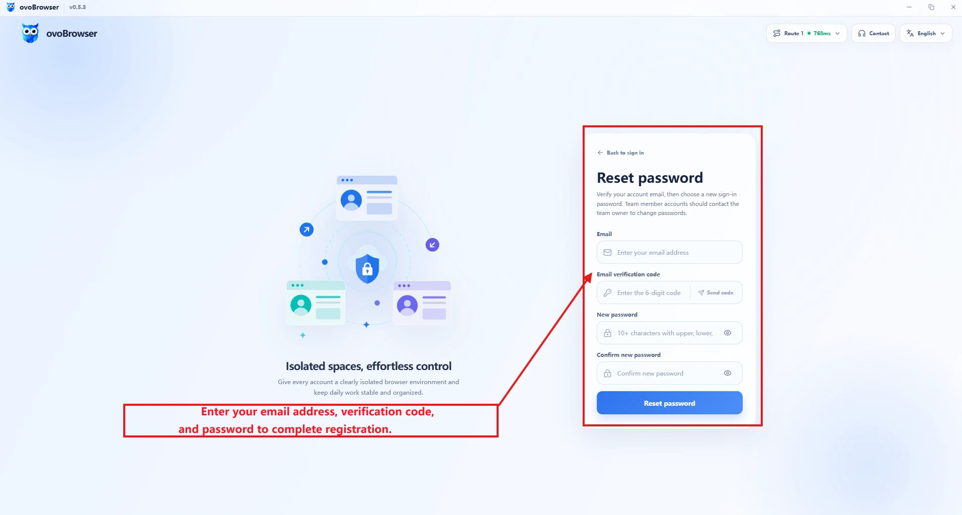 ovoBrowser注册頁面,標注郵箱、驗證碼、密碼、確認密碼、邀請碼、協定勾選框和注册按鈕。