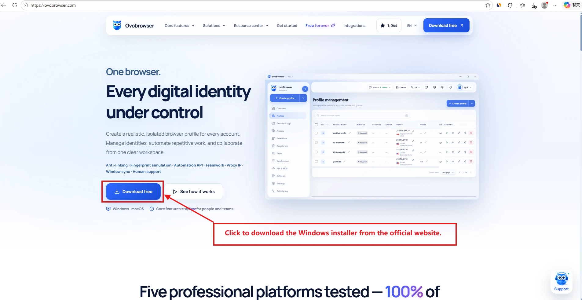 Google Chrome中打開的ovoBrowser官方下載頁面,紅框標出Download free下載按鈕。
