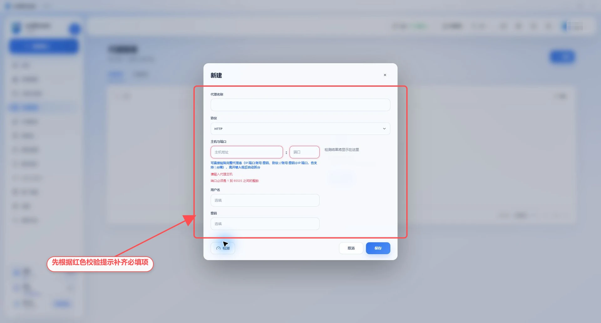 ovoBrowser 代理编辑窗口,标注代理字段校验信息、检测按钮和检测失败提示。